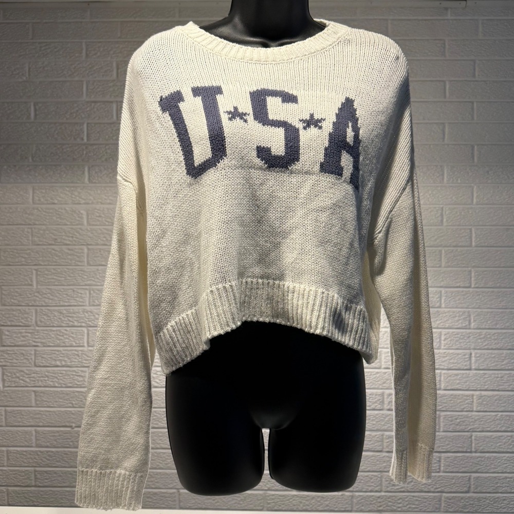 Grayson Threads Cream USA Graphic Knit Cropped Sweater Medium Cotton Blend
